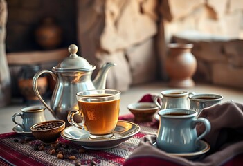 Fototapeta premium Traditional coffee setup, Diriyah, Saudi Arabia, desert, historic