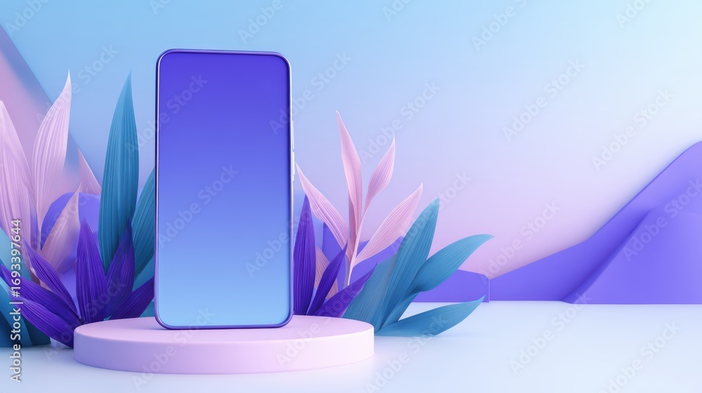 Poster a modern smartphone displayed on a circular podium surrounded by vibrant plants in a colorful settin
