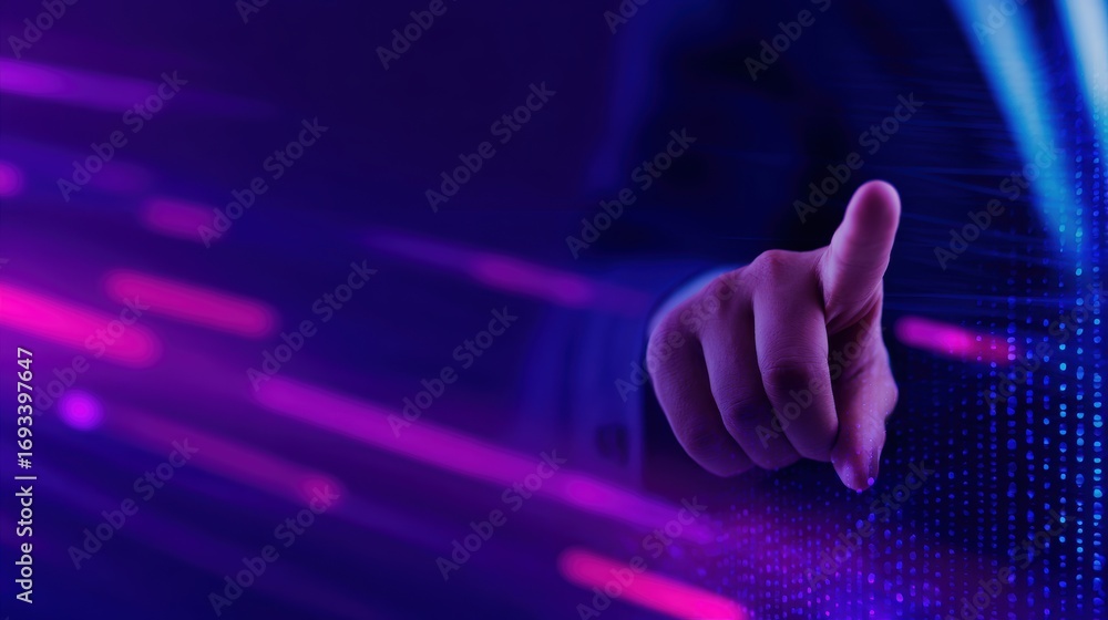 Poster a businessman reaches out to interact with digital data streams in a futuristic technology setting