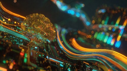 The symbiotic future of human cognition and tech innovation. Wireless signal. A futuristic brain integrated with advanced tech on a motherboard. Data streams. Information flow.