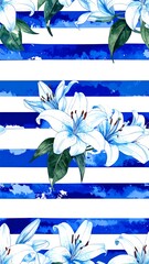 Floral pattern with lilies on blue stripes