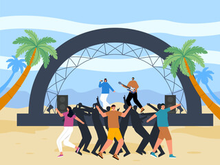 Obraz premium Concert on the beach for summer celebration. Concert illustration. Flat vector illustration concept.