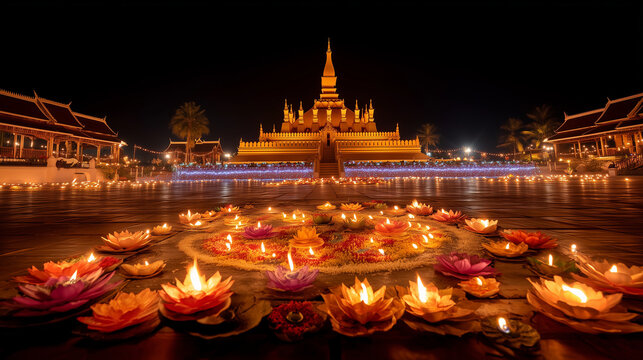 Golden That Luang Stupa Night Celebration with Lotus Candles at Boun That Luang Festival Laos – Sacred Buddhist Ritual of Light Devotion Pilgrimage and Spiritual Ceremony