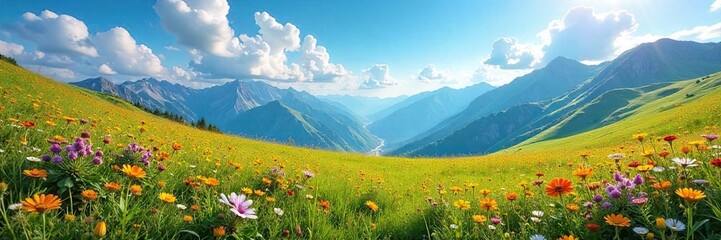 Expansive vista of a high-altitude meadow bursting with wildflowers under a vibrant summer sky Perfect for travel, nature, and outdoor adventure themes , botany, countryside