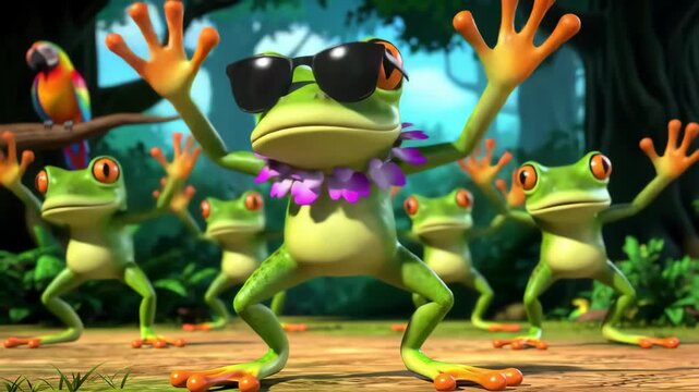 A lively group of cartoon frogs, one wearing sunglasses and a lei, dancing in a tropical forest setting, creating a fun and energetic atmosphere with vibrant colors dancing frog