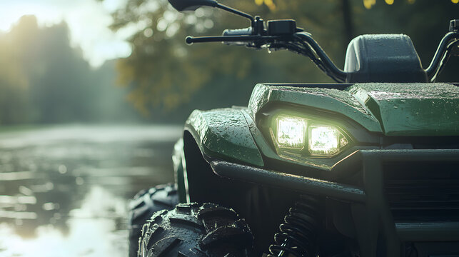 Illustration of a green electric ATV's headlights on a lake with empty space in the background. Illustration of a tourist ATV background.