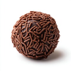 Close-up of a round chocolate confection covered in numerous small chocolate sprinkles on a white background showcasing texture and detailed decoration