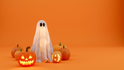 Halloween concept: a cute ghost and pumpkins on an orange background with copy space- 3D rendering