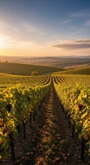 Fototapeta premium Tuscan Vineyard Rows at Sunset with Ripe Grapes and Rolling Hills