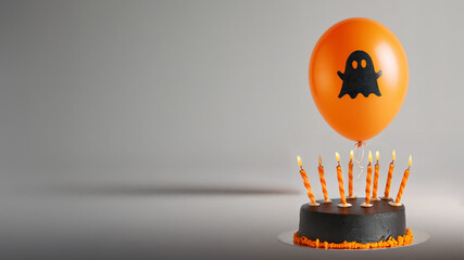 An orange balloon with a simple black flat icon of a silhouette of Halloween ghost printed on it, floating above a black and orange Halloween birthday cake