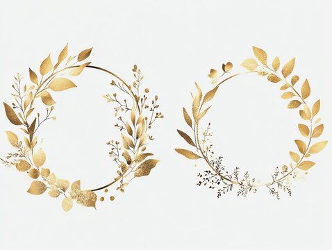 Gold floral circle frame set Vector golden floral leaf wreath border Wedding round frame design Hand drawn rustic flourish elegant circle border Vector illustration