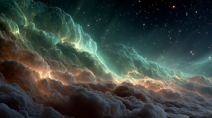 3D render of green and yellow nebula cloud in deep space with stars, fantastic galaxy background, astronomy universe concept