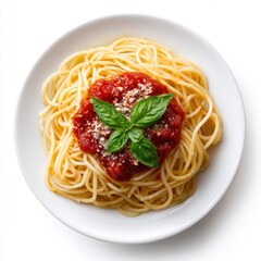 Delicious spaghetti pasta with fresh tomato sauce topped with grated cheese and garnished with basil leaves on a white plate