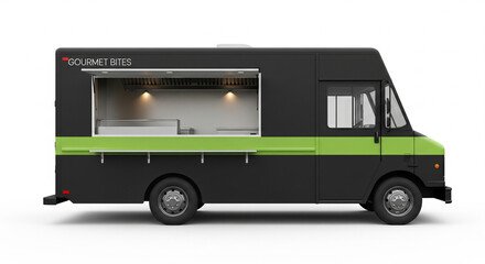 Modern black and green food truck with "Gourmet Bites" logo, mobile restaurant concept, on isolated transparent background.