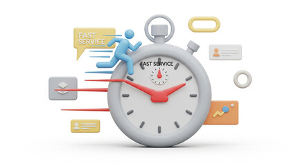 Fast service concept with 3D stopwatch and running business person, surrounded by digital icons on isolated transparent background.