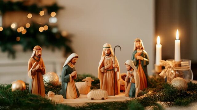Nativity scene with figurines of Holy Family and shepherds surrounded by festive decorations, candles, greenery