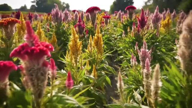 Colorful cockscomb flowers in field