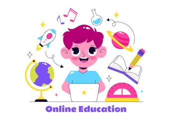 Online Education for Kids Vector Illustration featuring Knowledge Books, School Supplies, and Learning Materials in a Flat Style Cartoon Background