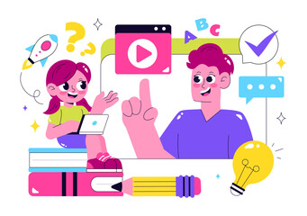 Online Education for Kids Vector Illustration featuring Knowledge Books, School Supplies, and Learning Materials in a Flat Style Cartoon Background