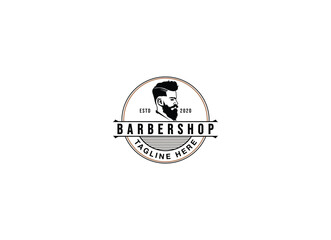 Barber shop badges set. Barbers hand lettering. Design for logo, labels, emblems. Vector vintage illustration.