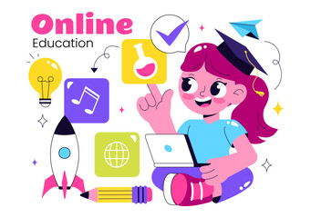 Online Education for Kids Vector Illustration featuring Knowledge Books, School Supplies, and Learning Materials in a Flat Style Cartoon Background