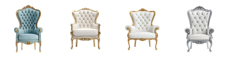 Collection of Ornate Armchairs in Pastel Colors Isolated on White Background