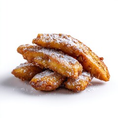 Crispy golden fried plantains stacked with powdered sugar served on white background ideal for dessert snack or sweet treat concept