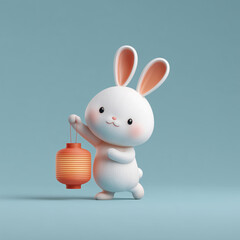 A minimalist 3D illustration of a rabbit holding a lantern