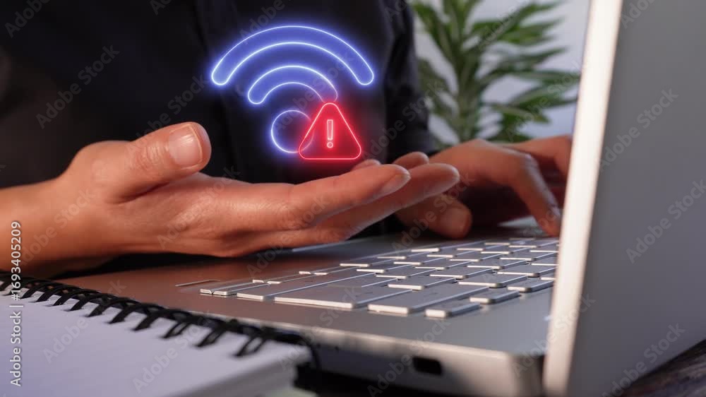 Poster wi-fi connection warning. woman typing on a personal computer while holding a virtual icon of a wi-f