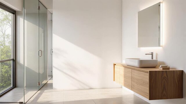 Modern bathroom interior design showcasing minimalist style and natural light streaming through glass walls