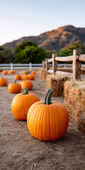 Bright orange pumpkins in a rustic farm pumpkin patch with hay bales and mountains seasonal autumn harvest thanksgiving halloween countryside concept