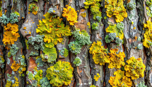 Close-up tree trunk bark covered with green and yellow lichen