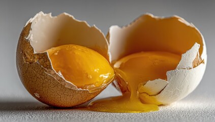 Two halves of a cracked egg, yolk spilling