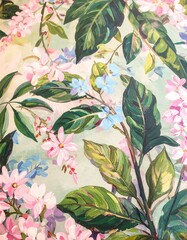 Floral pattern wallpaper design with various shades of pink and blue flowers and green leaves