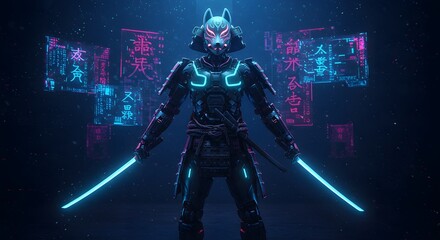 Naklejka premium Cyberpunk warrior with glowing swords and futuristic mask in dark environment