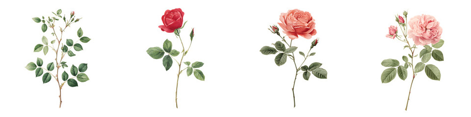 Obraz premium Antique Rose Collection: Botanical Illustration of Roses on White