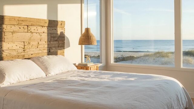 Cozy beachside bedroom with ocean view at sunrise