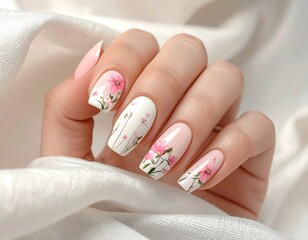 A hand with beautifully decorated nails, showcasing floral art designs over a white background.