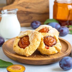 Fresh baked plum pastries on a wooden plate