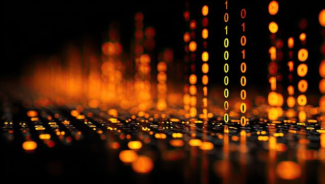 Abstract digital binary code.  Blurred orange-yellow light