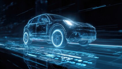 Digital car on a futuristic road