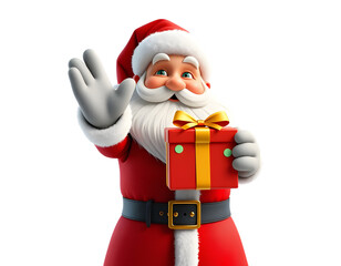 Santa Claus waving and holding a Christmas gift