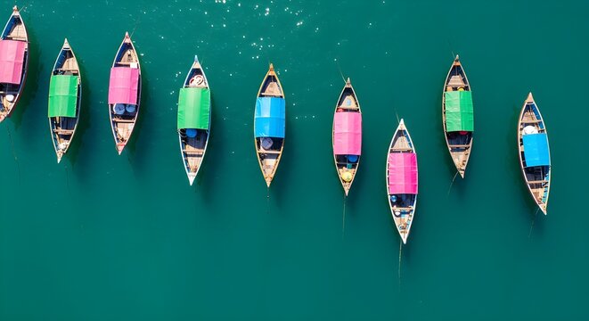 Aerial view colorful fishing boats floating on turquoise sea
