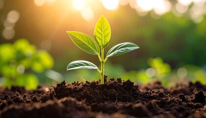 Sprout emerging from soil, bright sunlight
