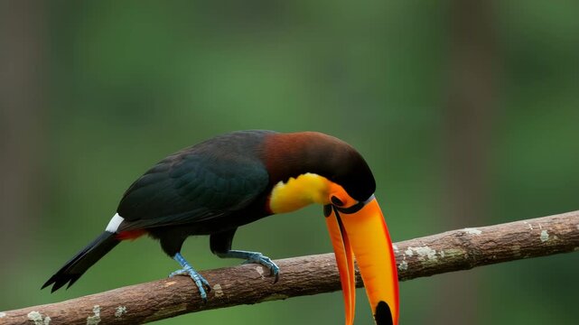 Chestnut Eared Ara?ari Profile Perched on Branch with Vibrant Orange Beak in Lush Green Background Highlighting Exotic Plumage of Tropical Avian Wildlife