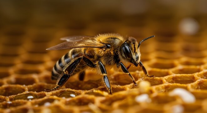 Close up honey bee on honeycomb in natural beekeeping hive