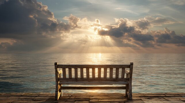 Weathered wooden bench rests on a stone pier overlooking a serene ocean sunset scene. - Powered by Adobe