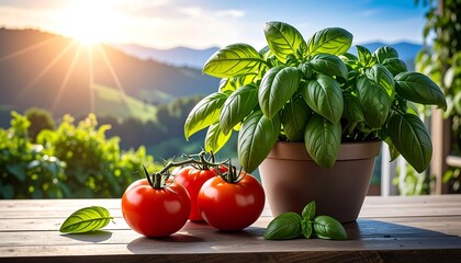 Fresh basil and tomatoes on a wooden table