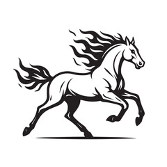 Vector illustration of a flaming horse, surrounded by fire, created in simple black and white style with strong black outline emphasizing bold contours.