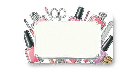 Empty white frame surrounded by a variety of manicure tools and nail care products, perfect for beauty and spa advertising, on isolated transparent background